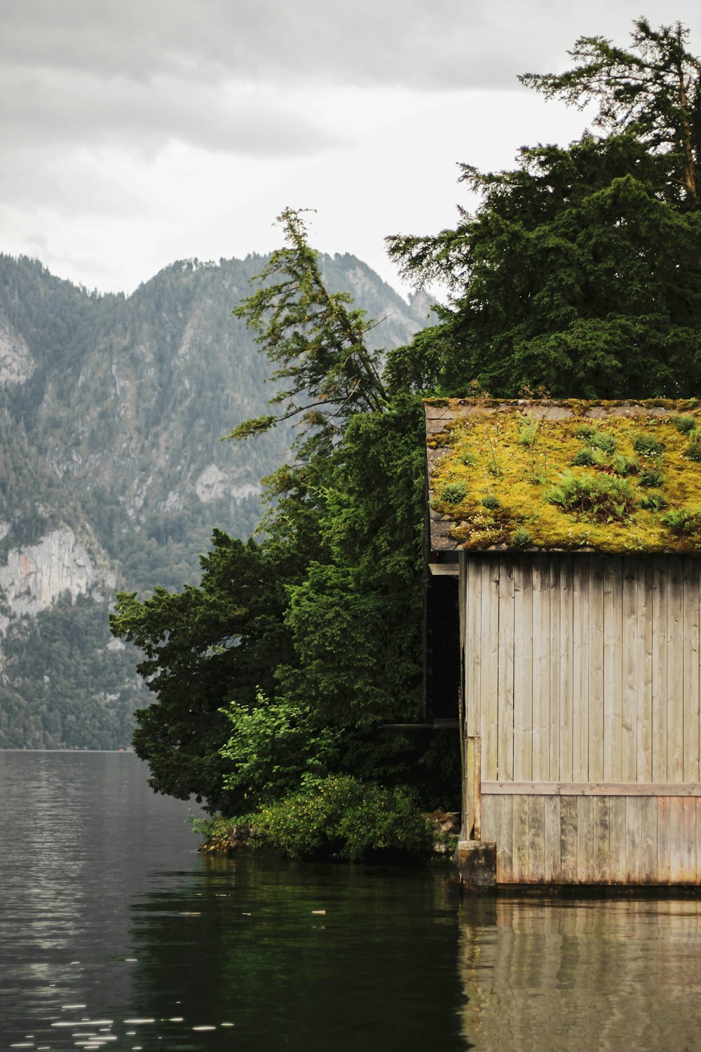 a wooden building next to a body of water with trees and mountains in the background