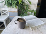 A cozy lifestyle scene: books, a plant, and a warm mug resting on a wooden table.