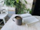 A cozy kitchen corner with a steaming cup of coffee beside a small potted plant.