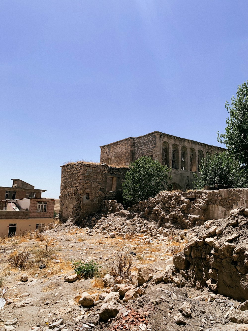 a building with a large stone wall