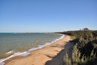 A serene beach with golden sand stretches along the coast, bordered by lush greenery on one side and the ocean on the other. Waves gently lap against the shore under a clear blue sky. The horizon is visible in the distance, with a few buildings faintly seen along the coastline.