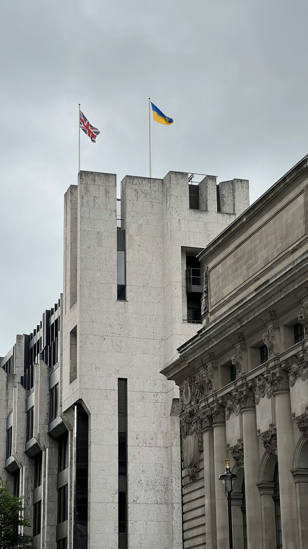 a building with flags on top