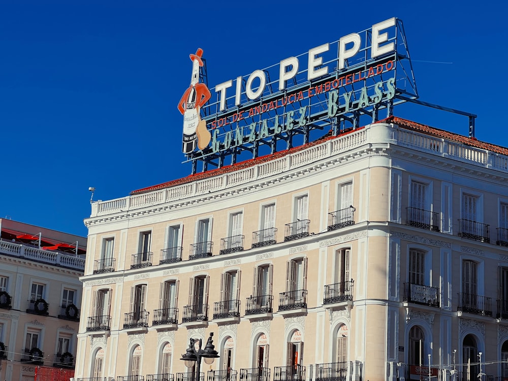 a large building with a sign on it