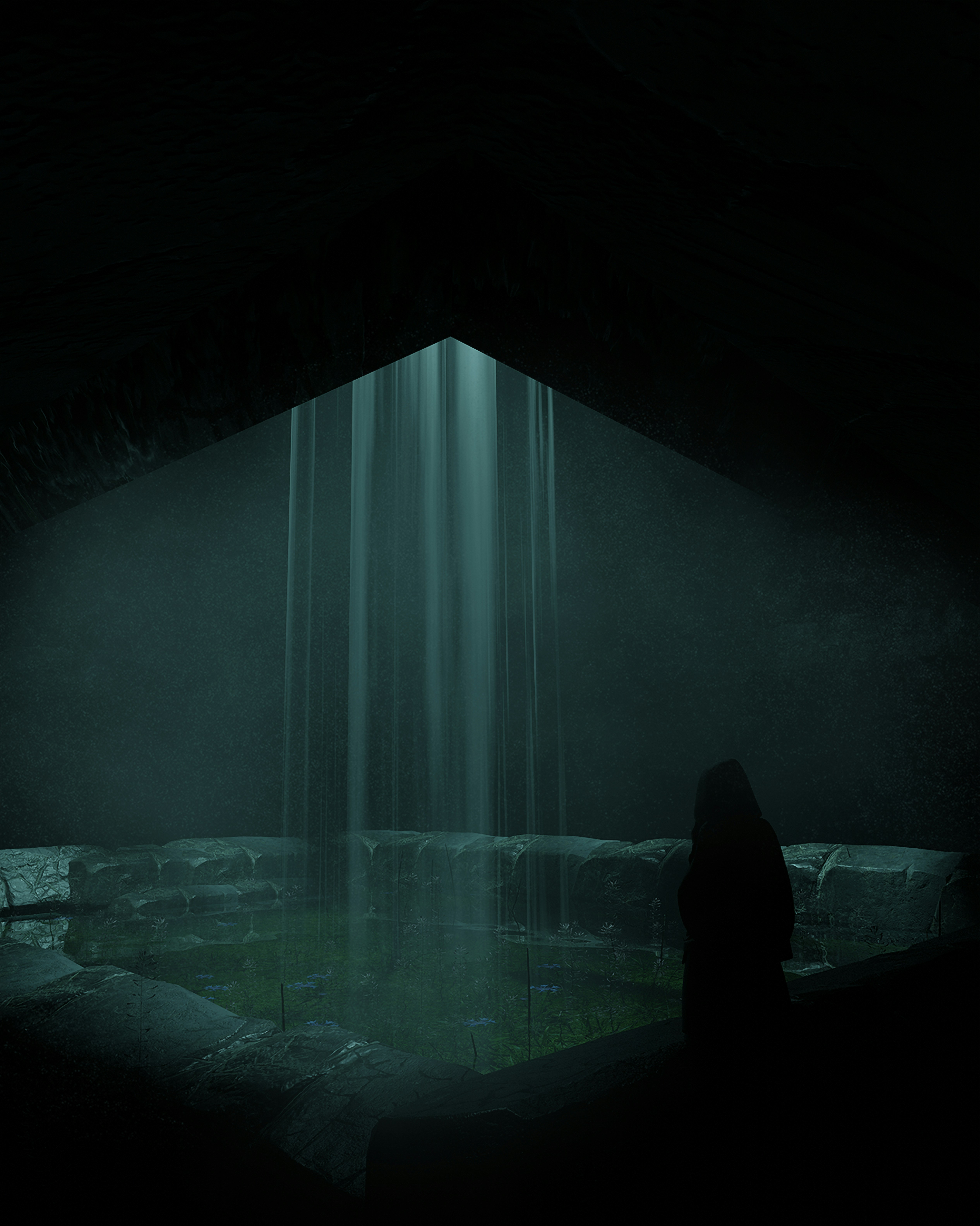 una persona in piedi in una stanza buia