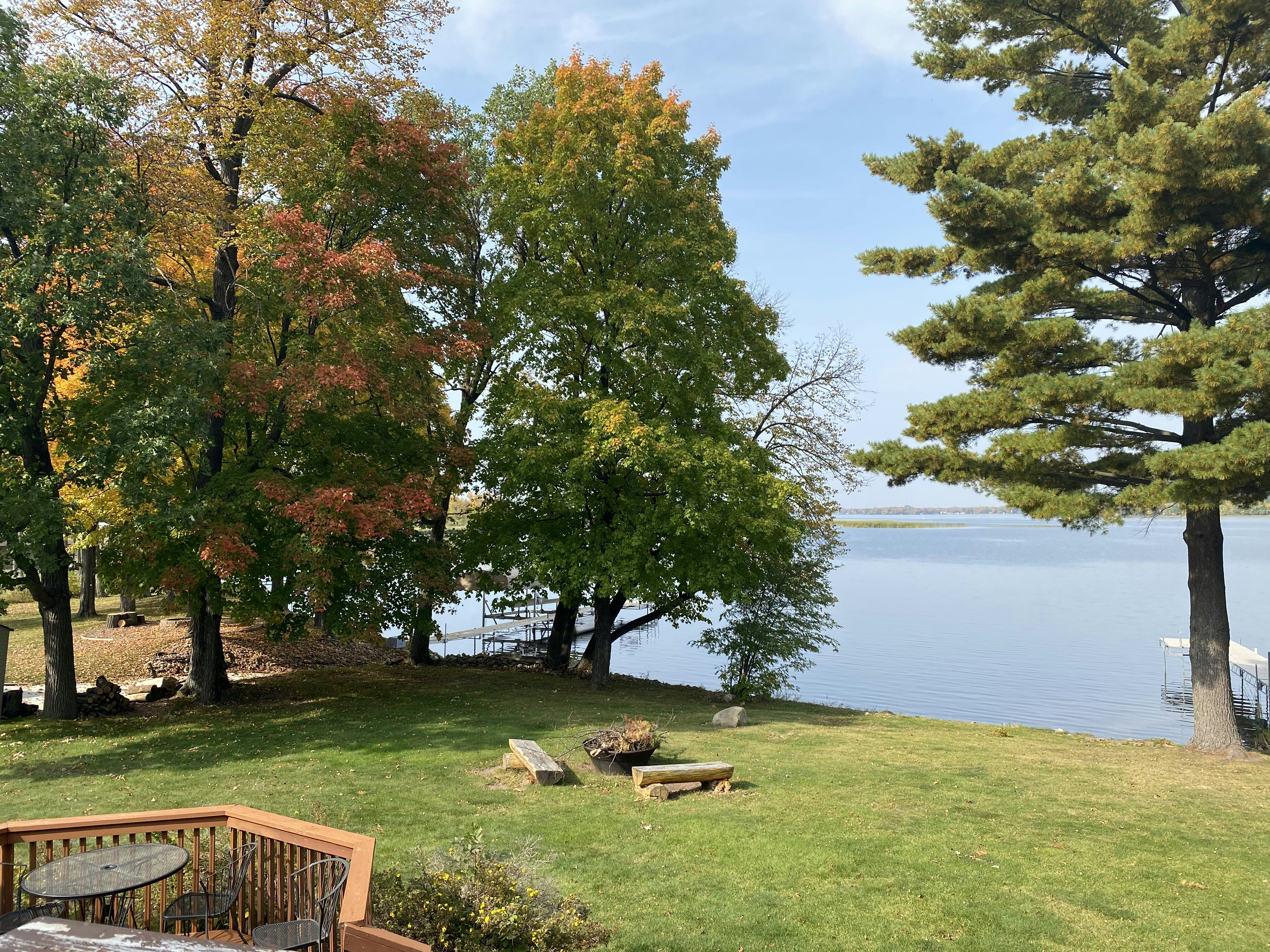 a grassy area with trees and a body of water in the background
