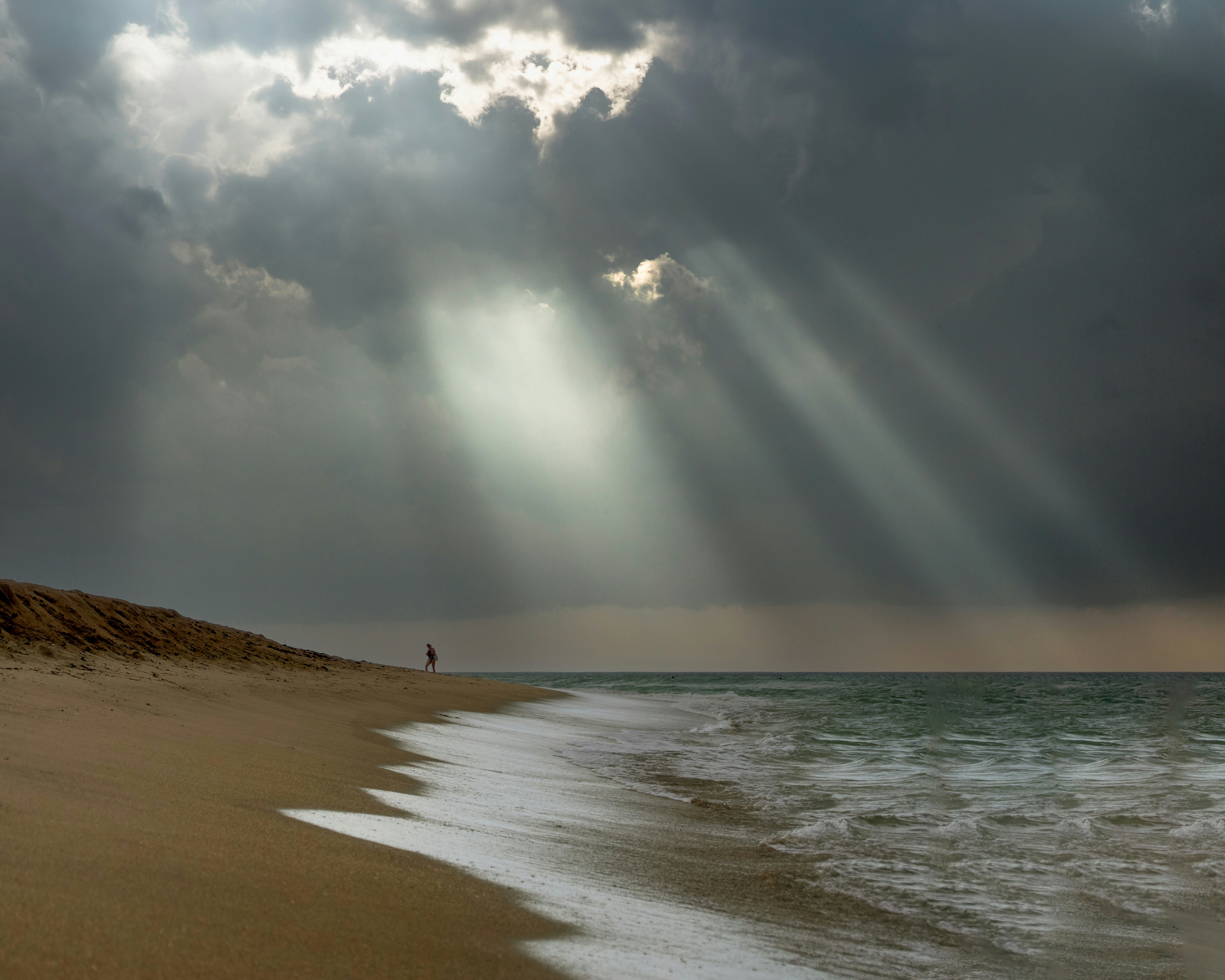 a person standing on a beach under a cloudy sky