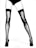 A high-contrast black and white photograph featuring a person's legs wearing sheer stockings and high-heeled shoes. The composition emphasizes the elegance and length of the legs, with a minimalist and artistic approach.