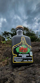 Close-up of a handcrafted mezcal bottle surrounded by agave plants under warm sunlight.