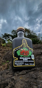 A bottle of mezcal is positioned on rocky terrain with cloudy skies above. The label features vibrant red and green colors with detailed designs, indicating its artisanal craftsmanship.