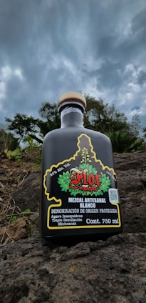 A bottle of mezcal is positioned on rocky terrain with cloudy skies above. The label features vibrant red and green colors with detailed designs, indicating its artisanal craftsmanship.