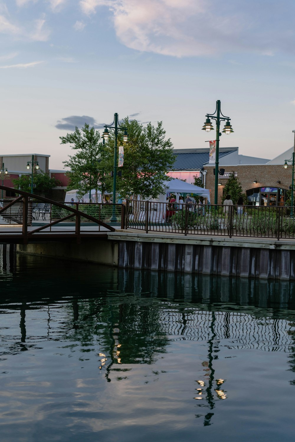 a body of water with buildings and trees around it