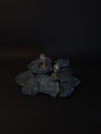 A pair of ornate earrings rests on a pile of dark rocks. The background is black, enhancing the earrings' intricate design and metallic sheen. The earrings have a teardrop shape with detailed embellishments.