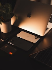 A cozy workspace with smart home gadgets and tech accessories neatly arranged.