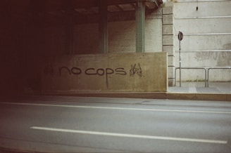 A concrete barrier under an overpass with graffiti saying 'no cops' in black paint. The background includes a signpost, some greenery, and brick and concrete walls.