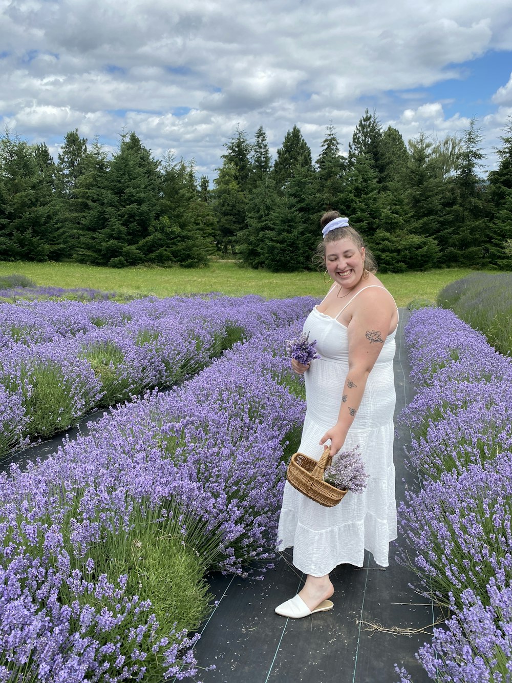 a person standing in a field of purple flowers