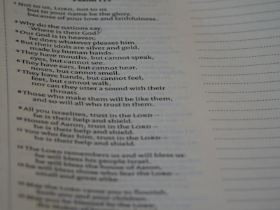 Text from a page of a religious book, featuring verses discussing idols and trust in the Lord. The text speaks about idols made by human hands and contrasts their limitations with divine power.