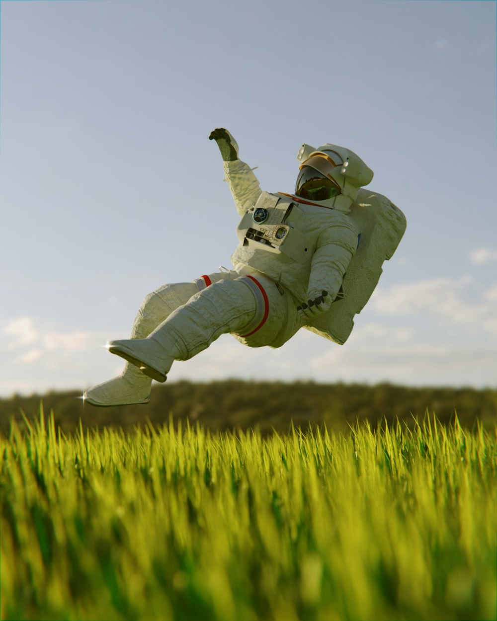 a person in a space suit in the air above grass