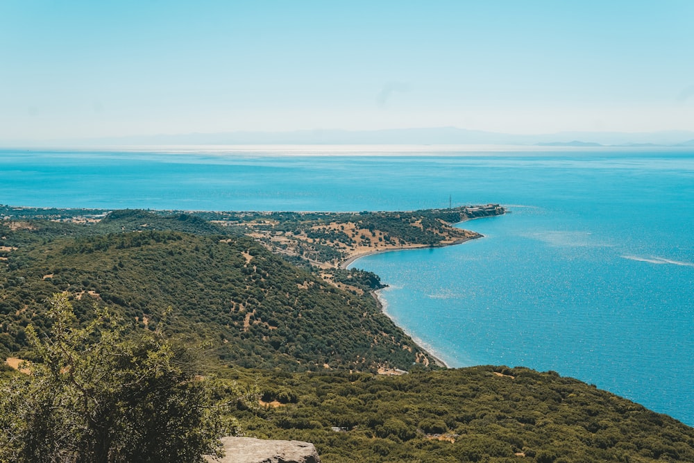 a body of water with land and trees around it