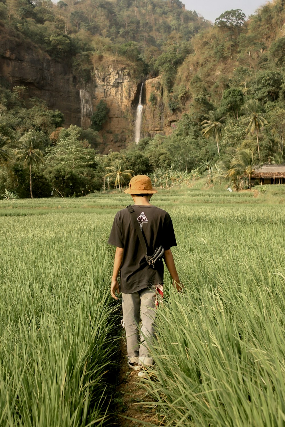 a man standing in a grassy field with a waterfall in the background
