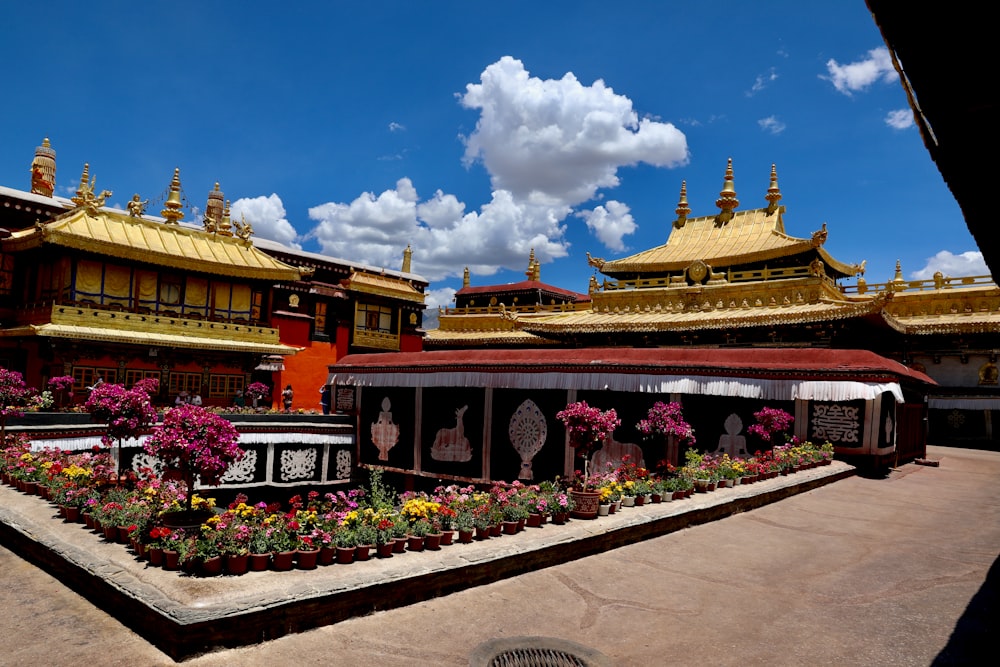 Jokhang with flowers in front of it