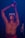 A person is expressing intense emotion with their mouth open wide, wearing white-framed sunglasses, and raising their arms above their head. The scene is set in low lighting with a blue hue. They are shirtless, with a red waistband, and wearing a necklace with a pendant.