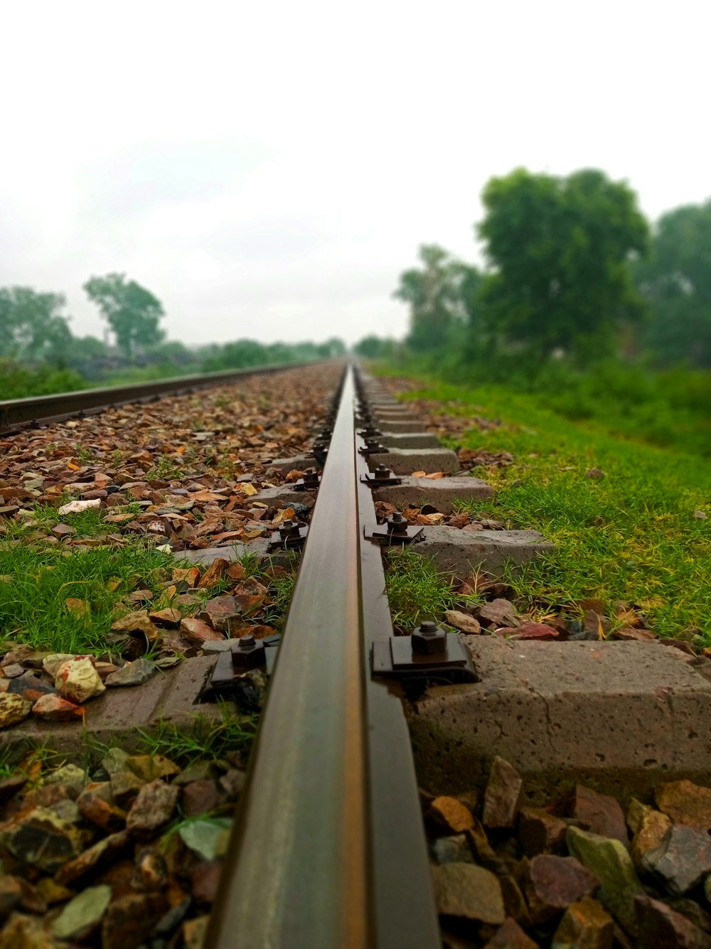 a railroad track with rocks and grass