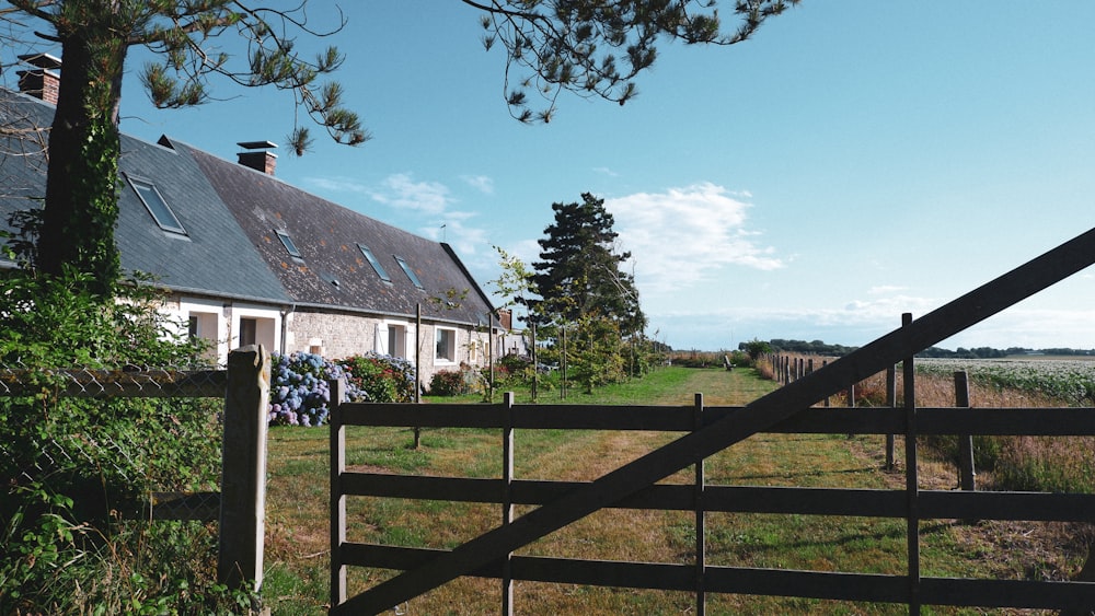 a fenced in yard with a house in the background