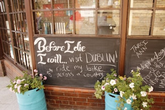 A window display features two blackboards filled with handwritten goals and desires written in chalk. One board prominently says, 'Before I die I will... visit Dublin! and ride my bike across a country.' The boards are bordered by two turquoise planters containing bright pink and white flowers. Brick walls and glass windows are in the background, suggesting an outdoor café or community space.