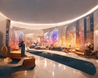 A futuristic and opulent interior space features flowing, curved architecture with large, transparent panels that reflect various colorful lights. The room is adorned with modern furniture, including sofas and chairs, set on a glossy floor. The ambience is enhanced by the interplay of vibrant blues, oranges, and deep reds, creating an ethereal atmosphere.