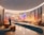 A futuristic and opulent interior space features flowing, curved architecture with large, transparent panels that reflect various colorful lights. The room is adorned with modern furniture, including sofas and chairs, set on a glossy floor. The ambience is enhanced by the interplay of vibrant blues, oranges, and deep reds, creating an ethereal atmosphere.
