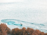 A person rides a jet ski on a vast body of water, creating waves and a wake behind. The surrounding area includes foliage with leaves in shades of brown, contrasting with the blue water.