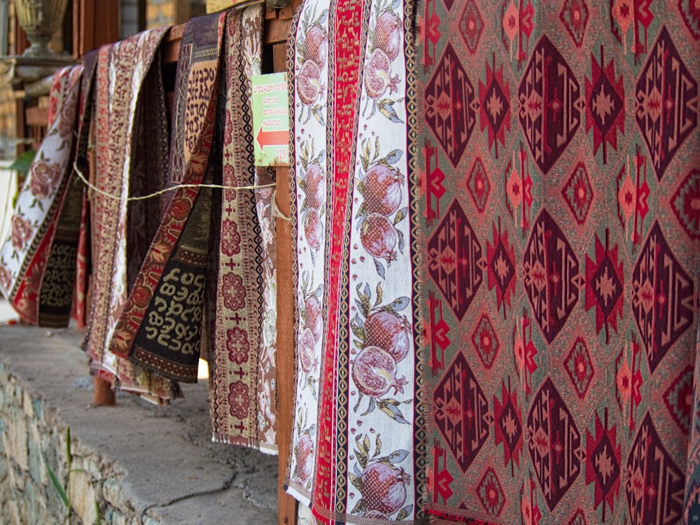 a wall with red and white fabric