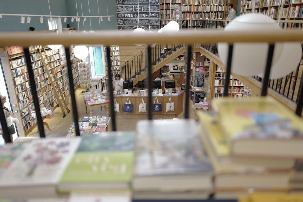 a room with shelves and books