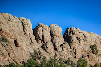 a rocky mountain with trees