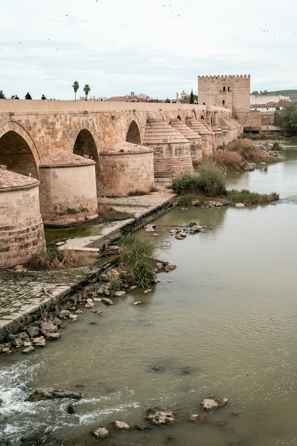 a river with a bridge and stone buildings