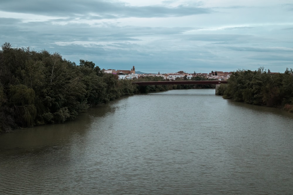 a river with a bridge and buildings