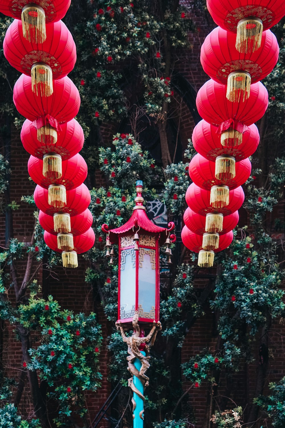 a group of red and white lanterns