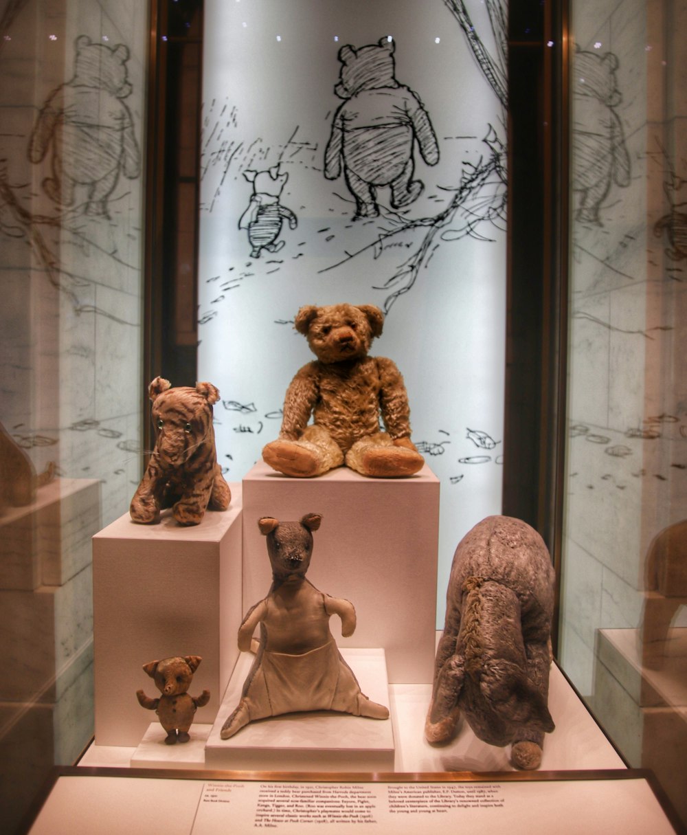a teddy bear sits on a display