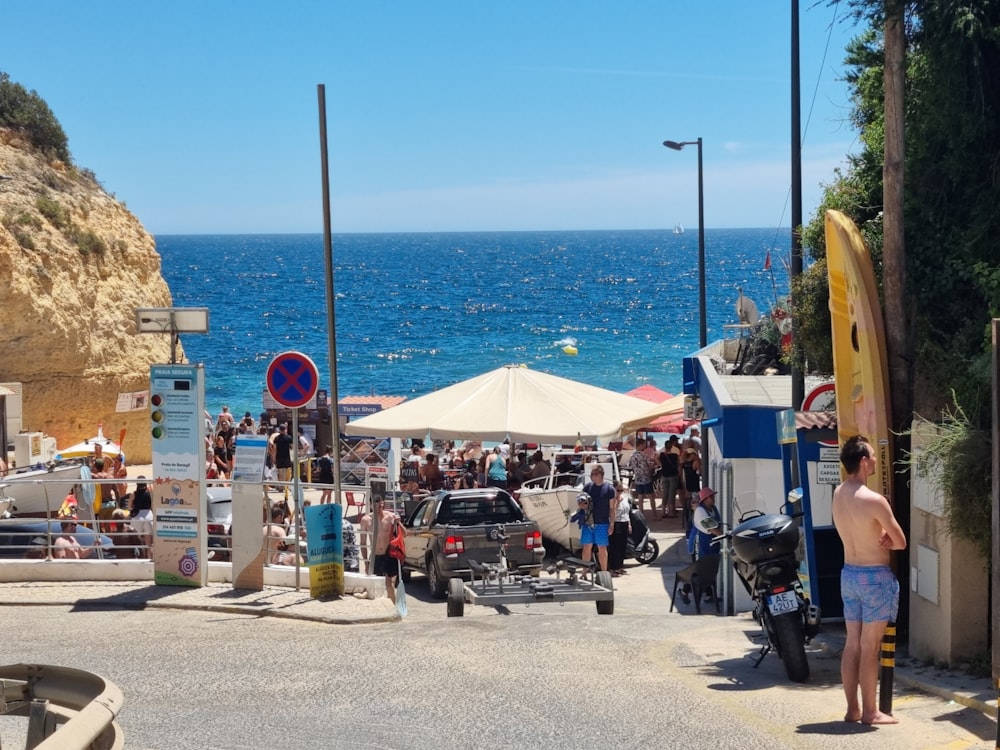 a group of people at a beach