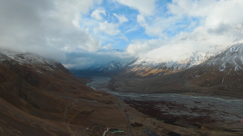 a river running through a valley between mountains