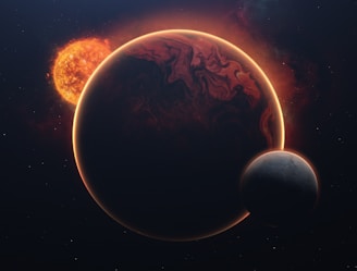 An astronomical scene featuring a large planet with swirled, colorful patterns, partially illuminated by a radiant orange sun positioned behind it. A smaller moon-like body is situated in the foreground, casting a shadowed surface. The background is a starry space with hints of nebulous clouds.