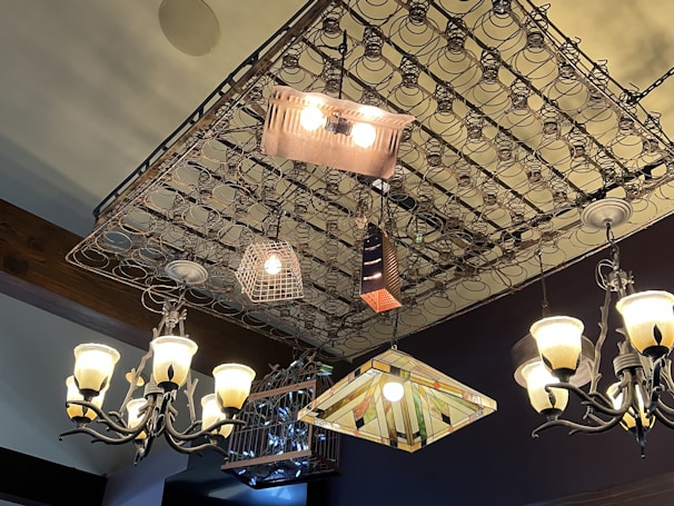A collection of eclectic and artistic lamps hang from a ceiling adorned with metal springs and wireframes. The lighting fixtures vary in design, including a stained glass shade, a rustic metal cage, and several traditional styled chandeliers with frosted glass shades. The arrangement creates a visually striking and unique aesthetic.