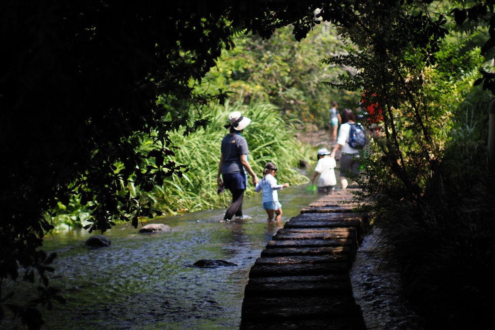a group of people walking on a wooden bridge over a stream