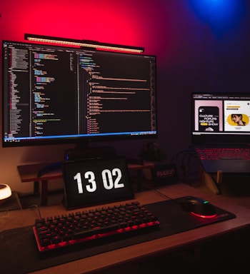 A modern desk setup featuring a laptop with cybersecurity code on screen, illuminated by soft orange and dark blue lighting.