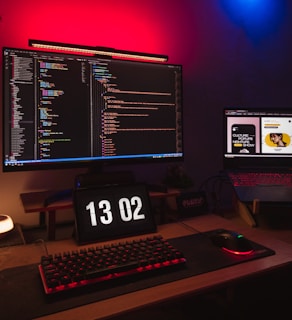 A computer setup featuring a large monitor displaying lines of colorful code in a dark theme. Beneath the monitor, a digital clock reads 13:02. A mechanical keyboard and a gaming mouse rest on a mouse pad illuminated by red backlighting. To the side, a laptop displays web content with a bright, well-lit interface. The room is dimly lit, with ambient red and blue LED lights.