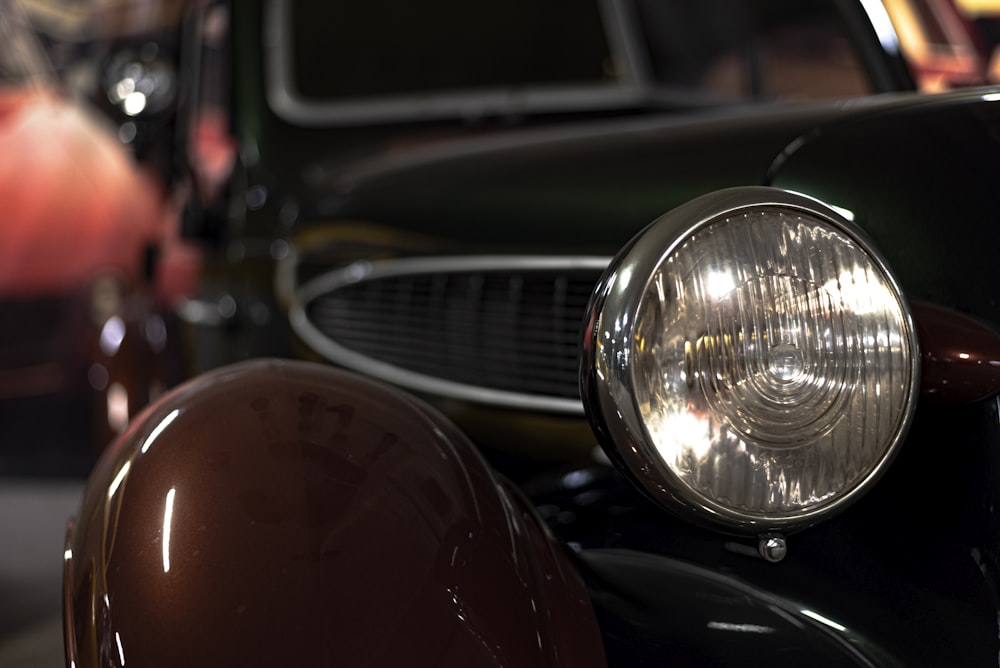 a close up of a car headlight