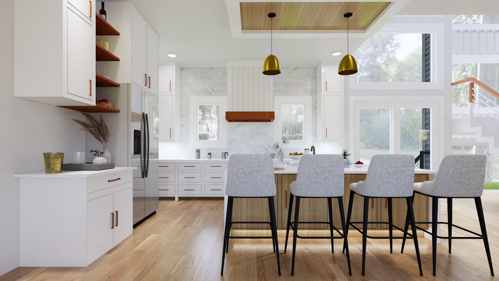 a kitchen with a dining table and chairs