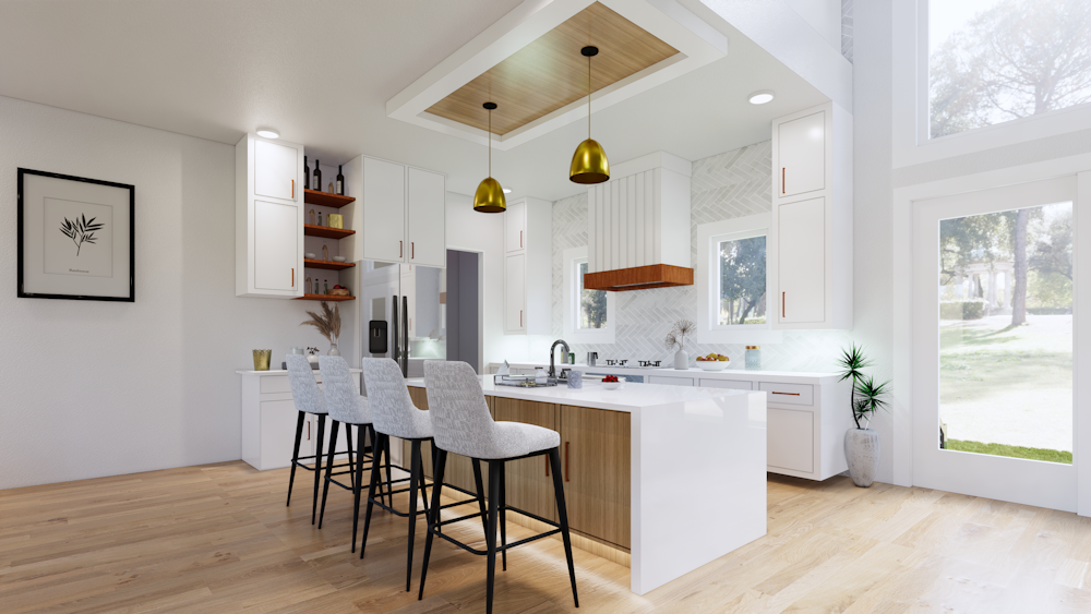 a kitchen with white cabinets