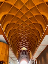 A curved wooden ceiling structure with an intricate lattice design extends across the interior space, providing a warm and natural aesthetic. The geometric pattern creates a sense of depth and complexity. The surrounding walls are lined with wooden panels and white insets, contributing to the elegant architectural style.