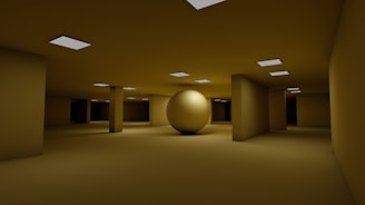 A dimly lit, monochromatic room featuring a large, central spherical object. The room is spacious with multiple supportive columns and a series of rectangular ceiling lights that provide soft illumination. The environment has an eerie and surreal quality due to its uniform color and minimalistic design.